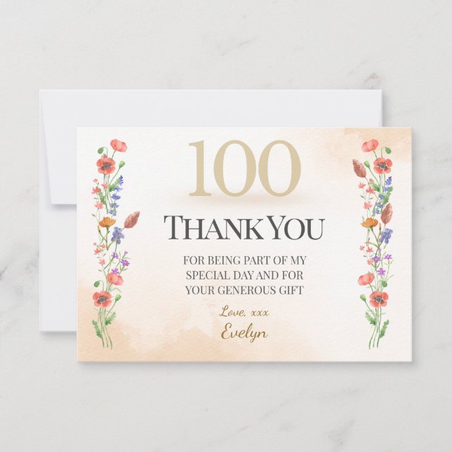 Carte De Remerciements Anniversaire élégant de 100 ans – Conception de fl (Devant)