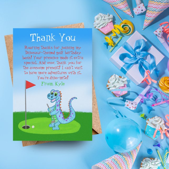 Carte De Remerciements Anniversaire enfant sur le thème du golf avec dino (Créateur téléchargé)