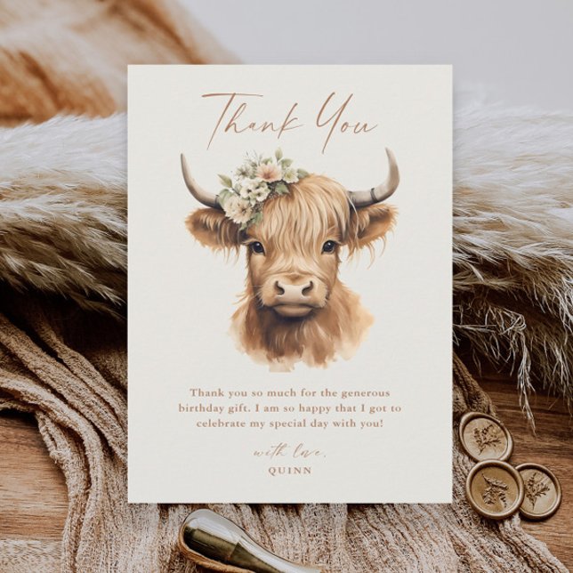 Carte De Remerciements Anniversaire Enfant Vache Highland Boho Élégant (Boho highland cow script kids thank you card.)