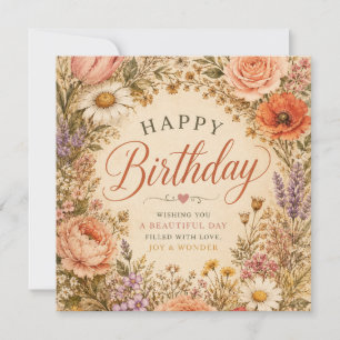 Carte De Remerciements Anniversaire Fleurie Rétro Personnalisé avec des f
