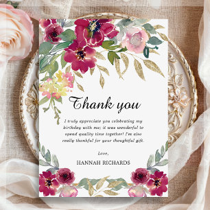 Carte De Remerciements Anniversaire floral d'or rose de Bourgogne
