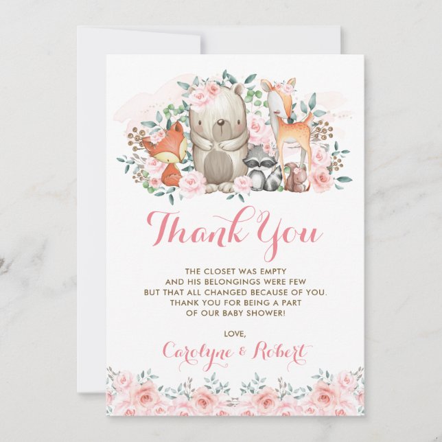 Carte De Remerciements Anniversaire floral rose de baby shower d'animaux (Devant)