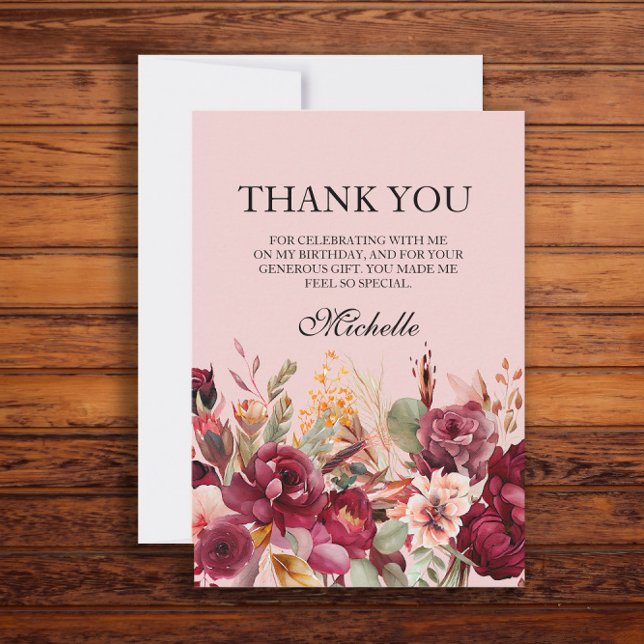 Carte De Remerciements Anniversaire floral rose de Bourgogne (Pink and burgundy floral birthday party "Thank you" card)