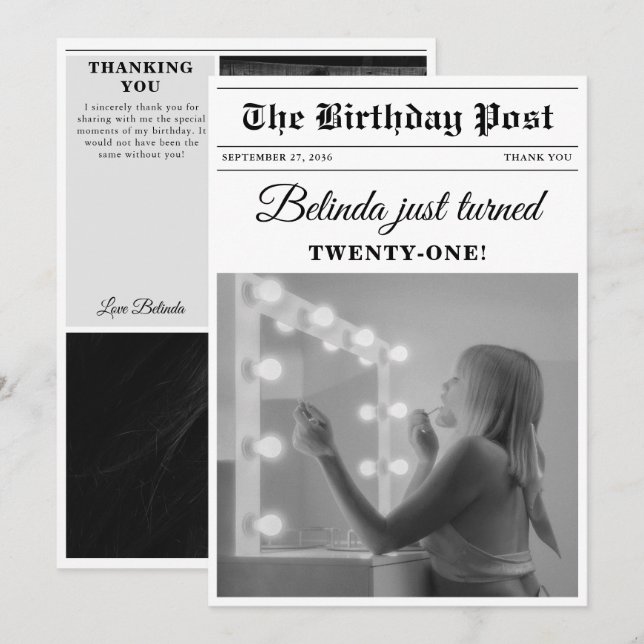 Carte De Remerciements Anniversaire Journal amusant noir & blanc photo (Devant / Derrière)