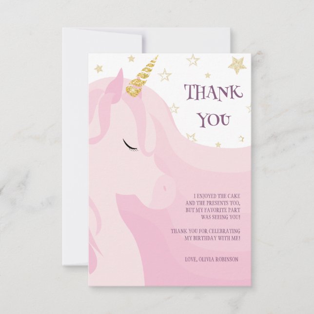 Carte De Remerciements Anniversaire Licorne Rose Or Magique  (Devant)