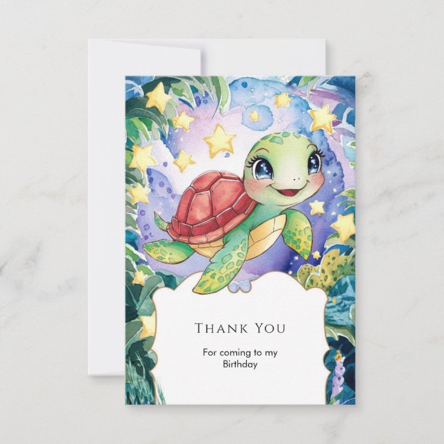Carte De Remerciements Anniversaire Magique Tortue Aquarelle Pastel (Devant)
