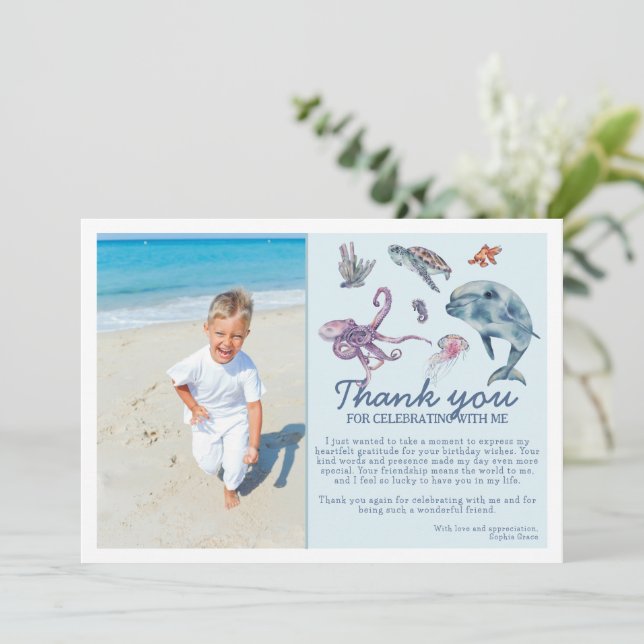Carte De Remerciements Anniversaire Moderne Enfants Photo Sous l'Océan (Debout devant)