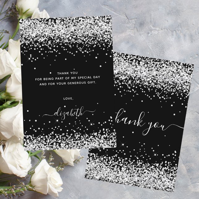 Carte De Remerciements Anniversaire noir argent parties scintillant pouss (Créateur téléchargé)