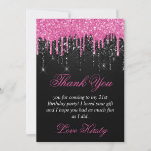 Carte De Remerciements Anniversaire Paillettes Noir et Rose qui Coulent
