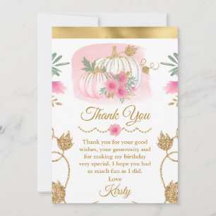 Carte De Remerciements Anniversaire Paillettes Or Citrouille Rose Aquarel