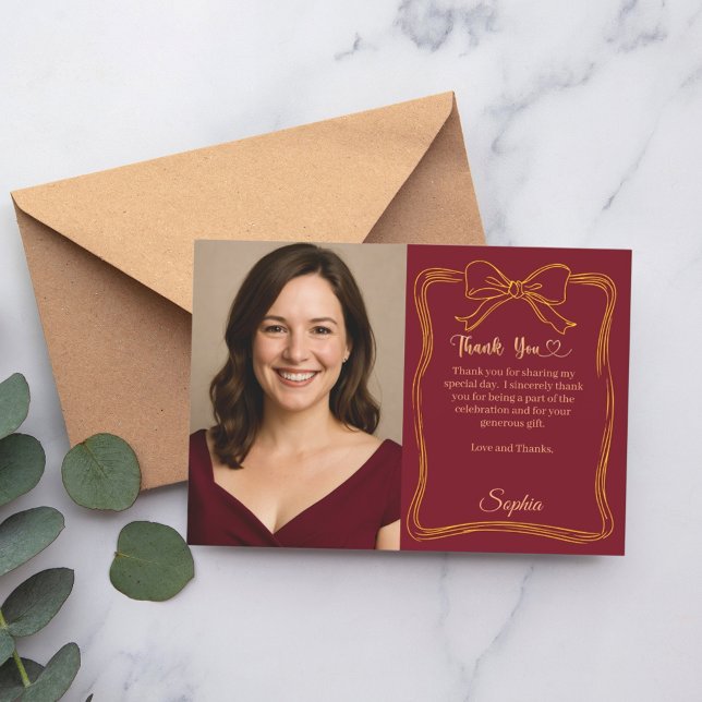 Carte De Remerciements Anniversaire photo écrite à la main arc bordeaux (Créateur téléchargé)