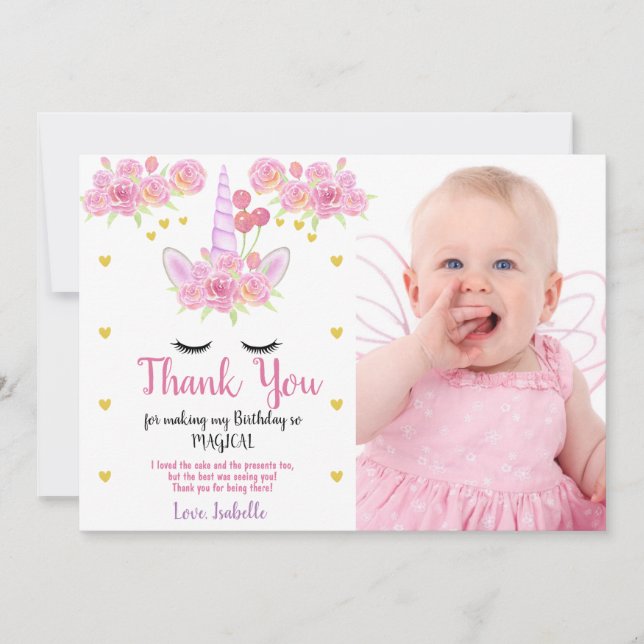 Carte De Remerciements Anniversaire Photo Licorne Rose Fleurs (Devant)
