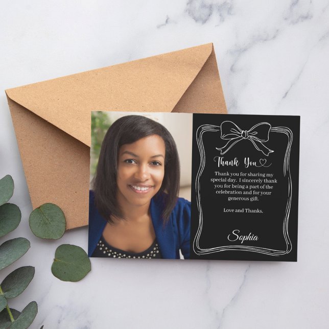 Carte De Remerciements Anniversaire photo manuscrite arc noir blanc (Créateur téléchargé)