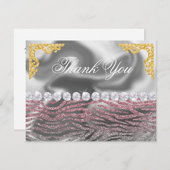 Carte De Remerciements Anniversaire Pink Silver Zebra Imprimer Parties sc (Devant / Derrière)