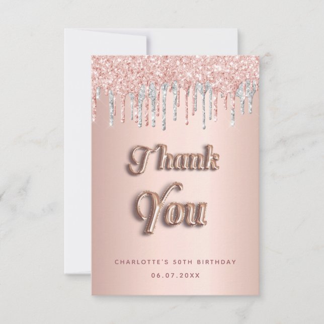 Carte De Remerciements Anniversaire rose or rose parties scintillant arge (Devant)