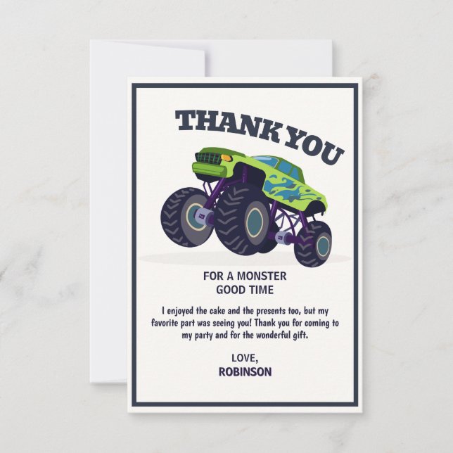 Carte De Remerciements Anniversaire Smash Crash- Monster Truck Vert Moder (Devant)