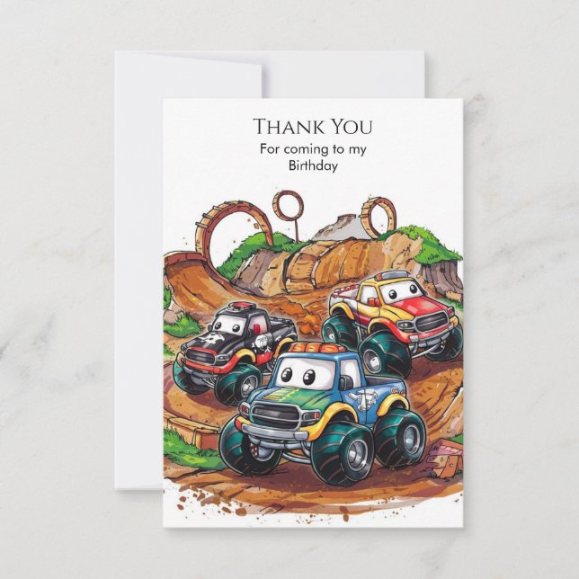 Carte De Remerciements Anniversaire Thème Camion Monstre pour Enfants (Devant)