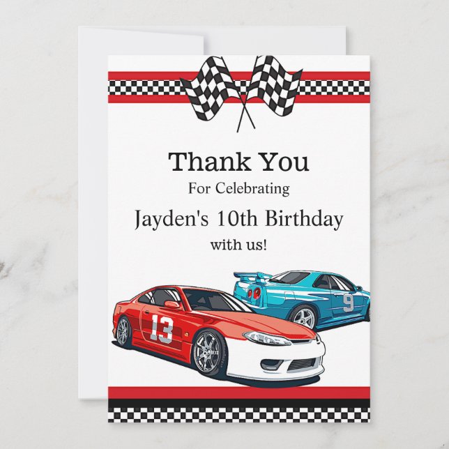 Carte De Remerciements Anniversaire voiture de course,  (Devant)