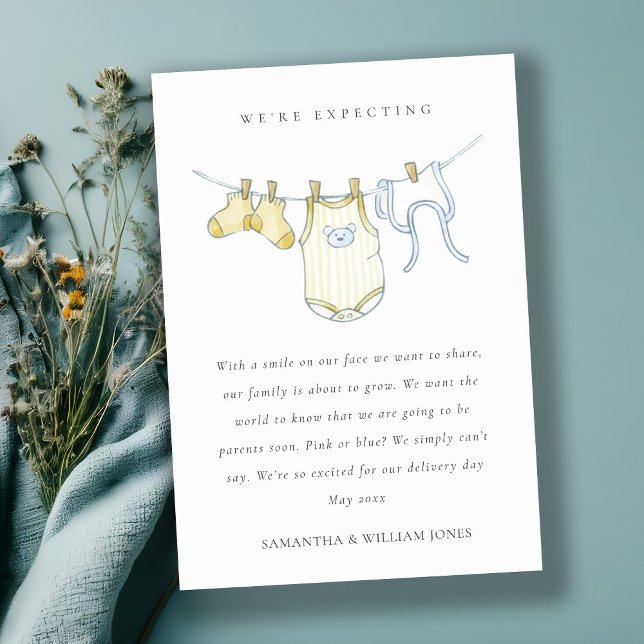 Carte De Remerciements Annonce de bébé jaune de cordes à linge simple mig (Créateur téléchargé)