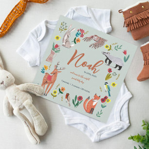 Carte De Remerciements Annonce de naissance verte avec des animaux mignon