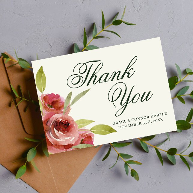 Carte De Remerciements Antique Floral rose À feuillage persistant Mariage (Créateur téléchargé)