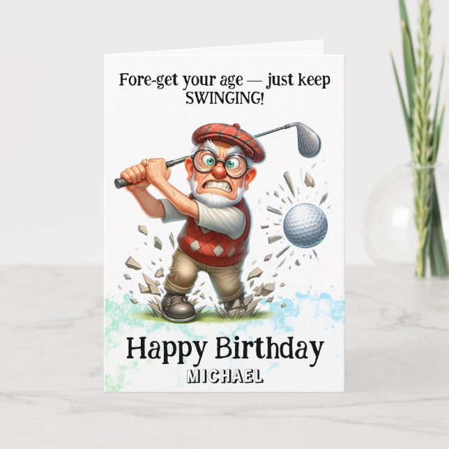 Carte De Remerciements *~* AP94 Senior Man Golf Swinging Birthday Card (Devant)