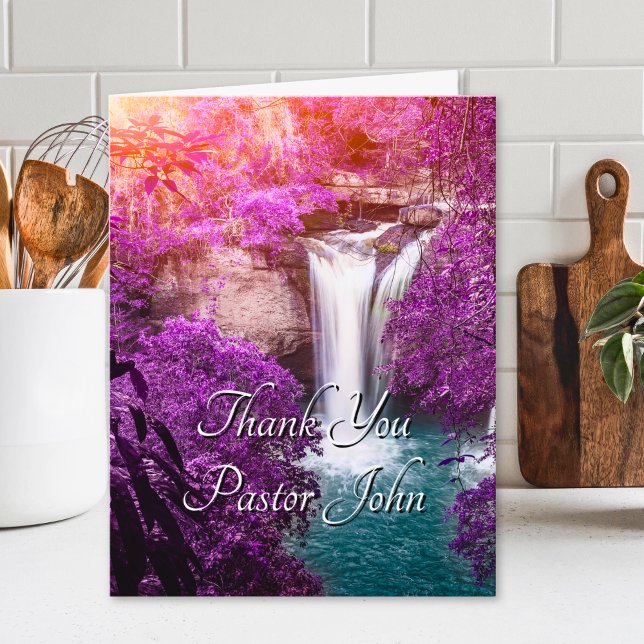Carte De Remerciements Appréciation du pasteur de la chute d'eau violette (Purple Waterfall Sunrise Pastor Appreciation Thank You Card)