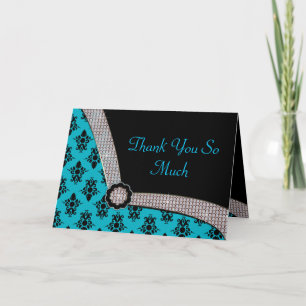 Carte De Remerciements Aqua Blue & Black Damask Gem Sparkle