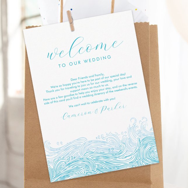 Carte De Remerciements Aqua Blue Ocean Waves Mariage Bienvenue Itinéraire (Ocean Waves Beach Wedding Welcome Letter and Weekend Events Itinerary Wedding Schedule)