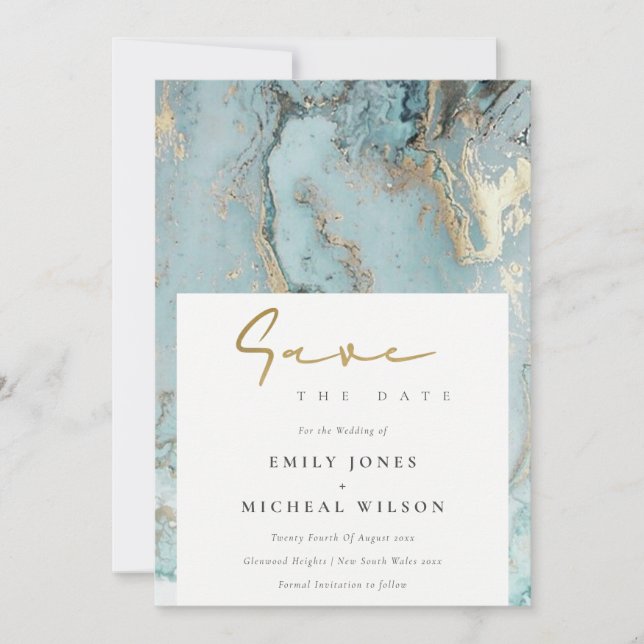 CARTE DE REMERCIEMENTS AQUA DUSKY BLUE GOLD AGATE ENREGISTRER LA DATE INV (Devant)