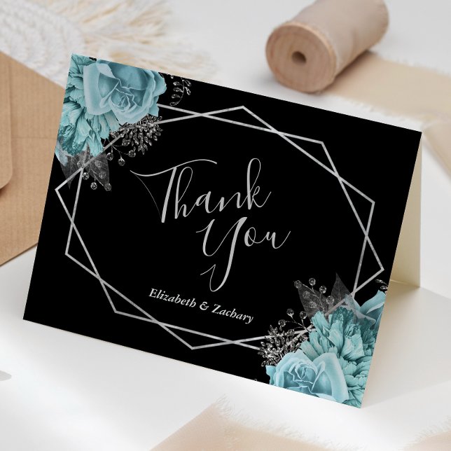 Carte De Remerciements Aqua Floral Silver Geometric Black Wedding (Créateur téléchargé)