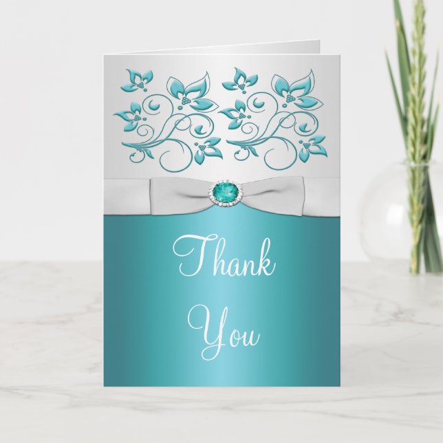 Carte De Remerciements Aqua-marine and Silver Floral Thank You Card (Devant)