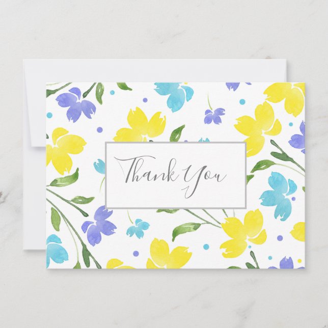 Carte De Remerciements Aqua, Périwinkle, Aquarelle Jaune Etapes Florales (Devant)