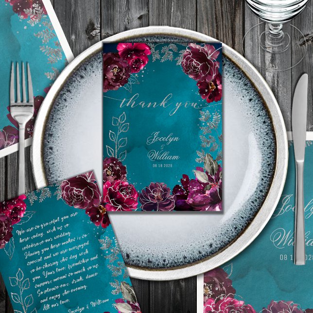 Carte De Remerciements Aqua Turquoise Merlot Jewel Tone Mariage Dîner Pla (Aqua Teal Merlot Jewel Tone Wedding Place Setting Thank You Card with heartfelt writing on the back)