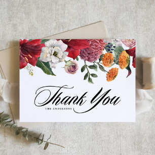 Carte De Remerciements Aquarelle Amaryllis et Chrysanthèmes Fleurs Mariag