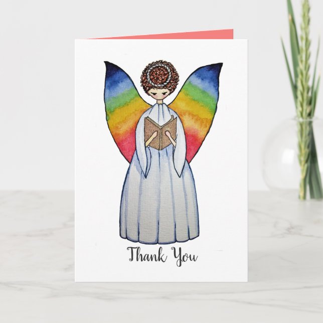 Carte De Remerciements Aquarelle Angel Avec Arcs-En-Ciel Lire Un Livre (Devant)