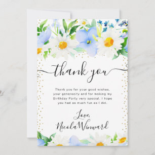 Carte De Remerciements Aquarelle Anniversaire Fleurs et Marguerites Bleue