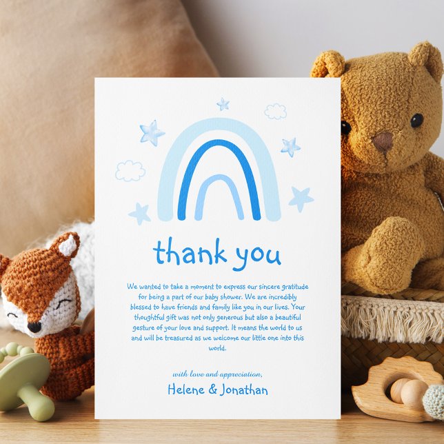Carte De Remerciements Aquarelle arc-en-ciel jolie Baby shower bleu éléga (Cute Rainbow Watercolor Elegant Blue Baby Shower Thank You Card)