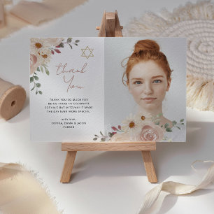 Carte De Remerciements Aquarelle assez neutre Bat mitzvah floral photo