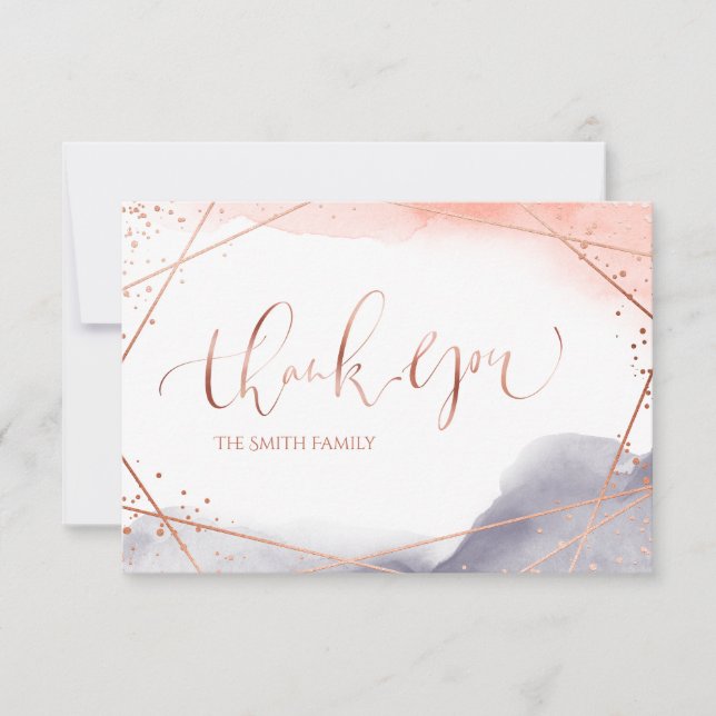 Carte De Remerciements Aquarelle aurifère rose Calligraphie géométrique (Devant)