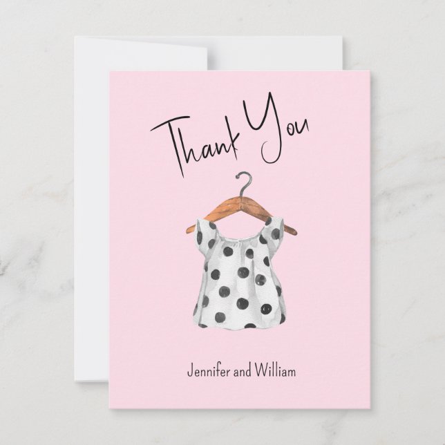 Carte De Remerciements Aquarelle Baby Points noirs Robe Baby shower rose (Devant)