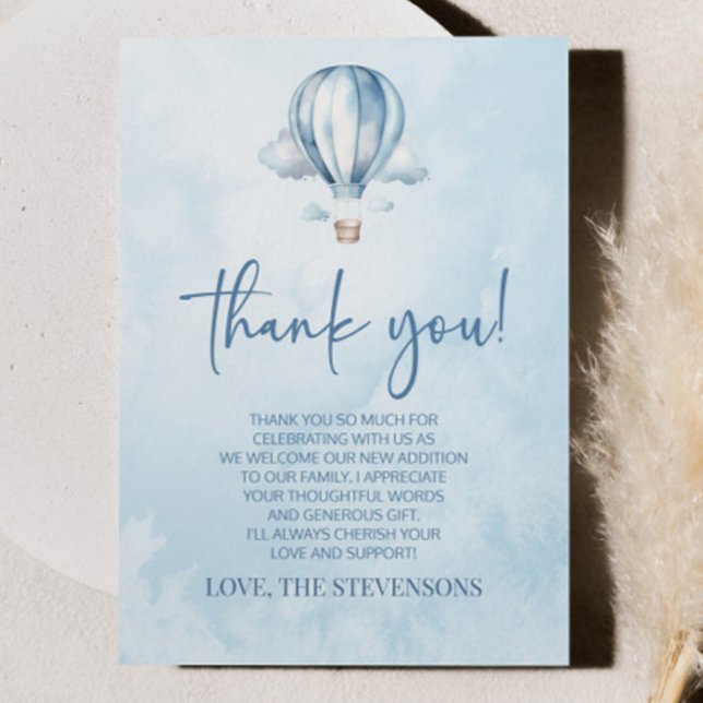 Carte De Remerciements Aquarelle Baby shower à air chaud bleu (Créateur téléchargé)