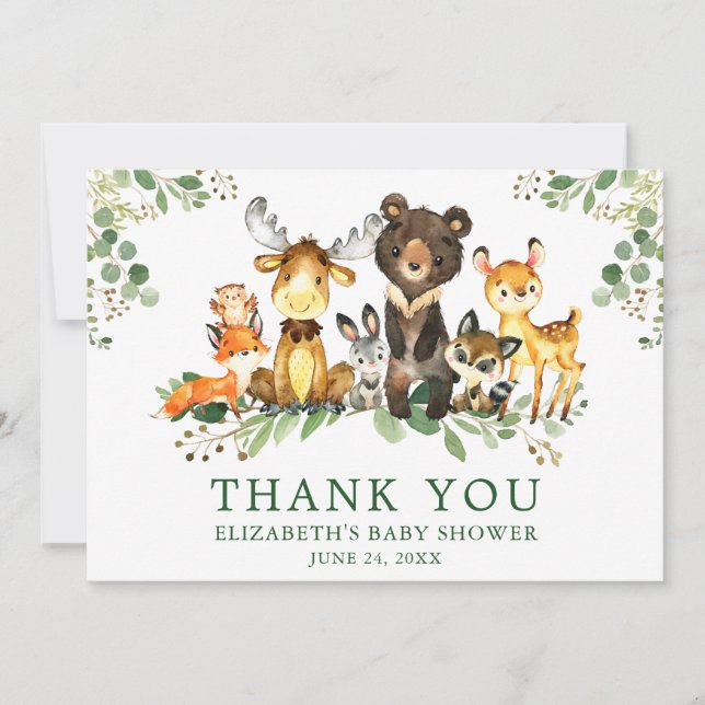 Carte De Remerciements Aquarelle Baby shower des animaux de bois (Devant)