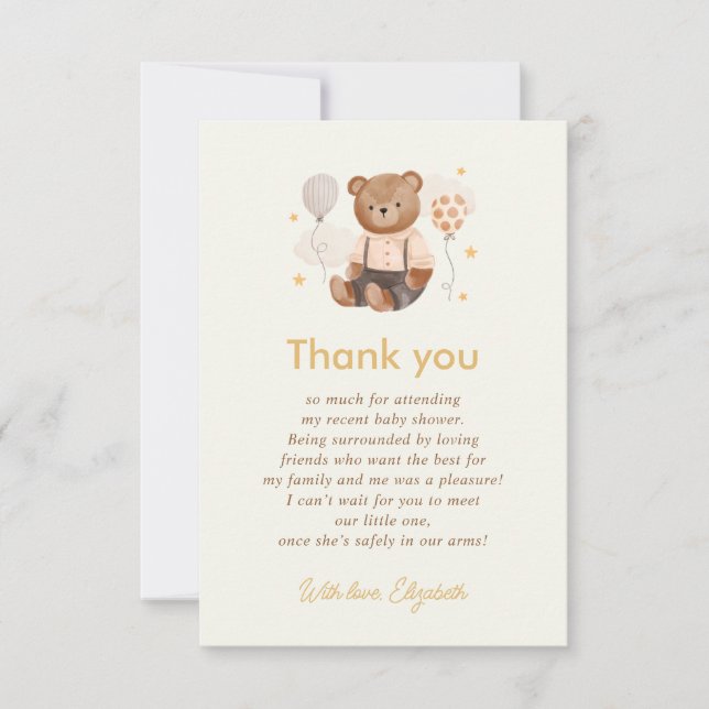 Carte De Remerciements Aquarelle Baby shower Ours en Teddy (Devant)