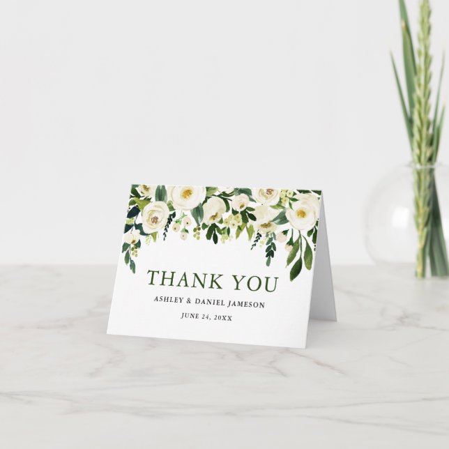 Carte De Remerciements Aquarelle Blanc Floral Vert Mariage Note (Devant)