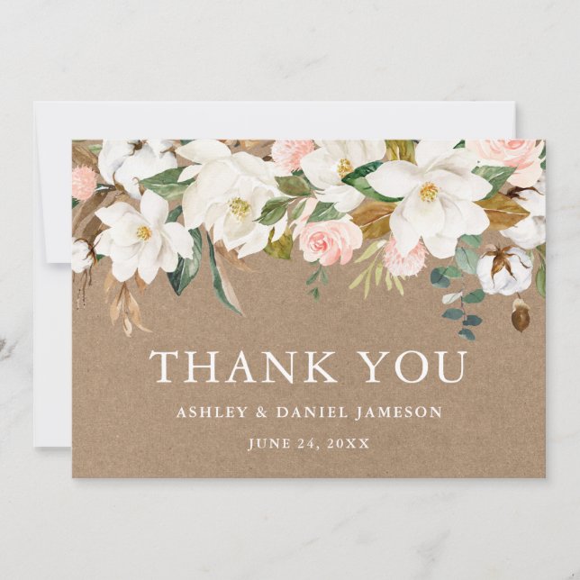 Carte De Remerciements Aquarelle blanc Magnolias Rose Mariage Kraft (Devant)