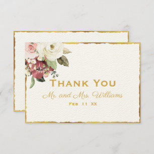Carte De Remerciements Aquarelle blanche rose mauve Florales Gold Edge Lu
