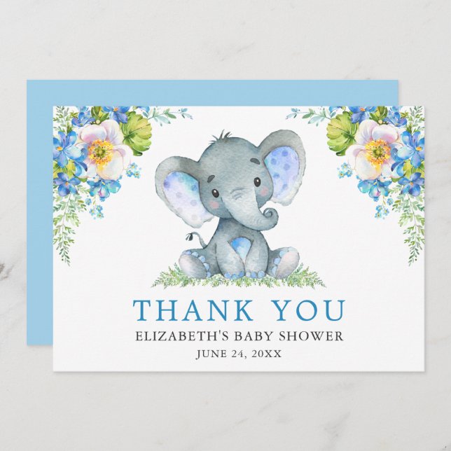 Carte De Remerciements Aquarelle bleu Baby shower d'éléphant floral (Devant / Derrière)
