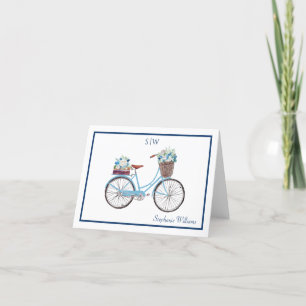 Carte De Remerciements Aquarelle Bleu Blanc Floral Nom du vélo Monogramme