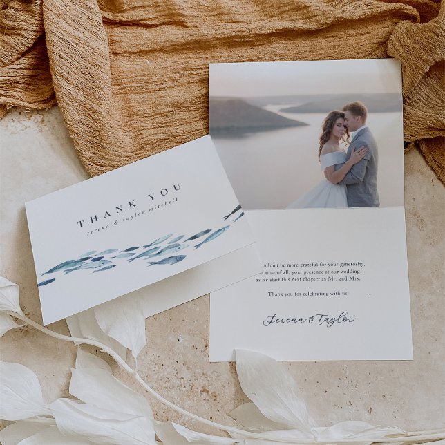 Carte De Remerciements Aquarelle bleu côtier Poisson Mariage ou Fiançaill (Créateur téléchargé)